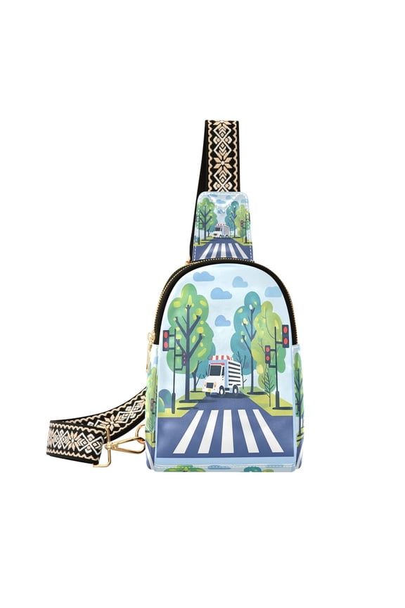 Stylish Leather Crossbody Bag 8.46x5.9x2.16In Easy To Carry Multi-Purpose Travel Hiking Shopping Fashion Bag White Zebra Crossing and White Cars