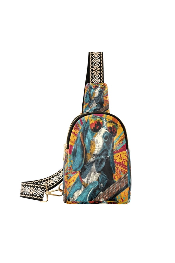Stylish Leather Crossbody Bag 8.46x5.9x2.16In Easy To Carry Multi-Purpose Travel Hiking Shopping Fashion Beagle Playing Electric Guitar