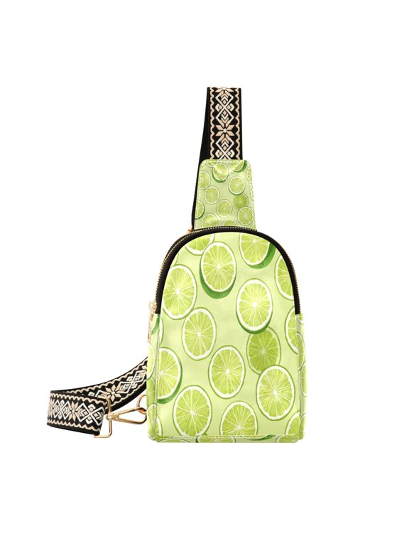 Stylish Leather Crossbody Bag 8.46x5.9x2.16In Easy To Carry Multi-Purpose Travel Hiking Shopping Fashion Bright Green Lime Slices
