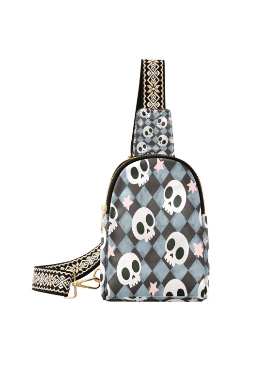 Stylish Leather Crossbody Bag 8.46x5.9x2.16In Easy To Carry Multi-Purpose Travel Hiking Shopping Fashion Grey Skull Phantom