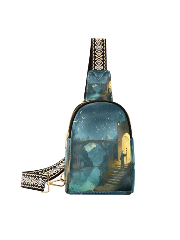 Stylish Leather Crossbody Bag 8.46x5.9x2.16In Easy To Carry Multi-Purpose Travel Hiking Shopping Fashion Old Man Bridge River Scene