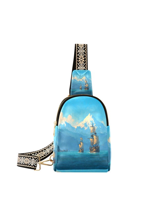 Stylish Leather Crossbody Bag 8.46x5.9x2.16In Easy To Carry Multi-Purpose Travel Hiking Shopping Fashion Pirate Ships Ocean Mountain