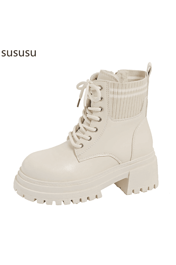 Stylish Leather Mid Calf Boots Featuring Lace Up Detail Platform Sole And Elevated Heel For Modern Women's Fashion Footwear