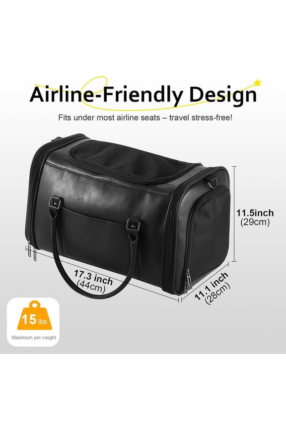 Stylish Leather Pet Carrier for Small Dogs and Cats Up to 15 lbs, Airline Approved Lightweight Travel Tote with Breathable Mesh and Shoulder Strap Black