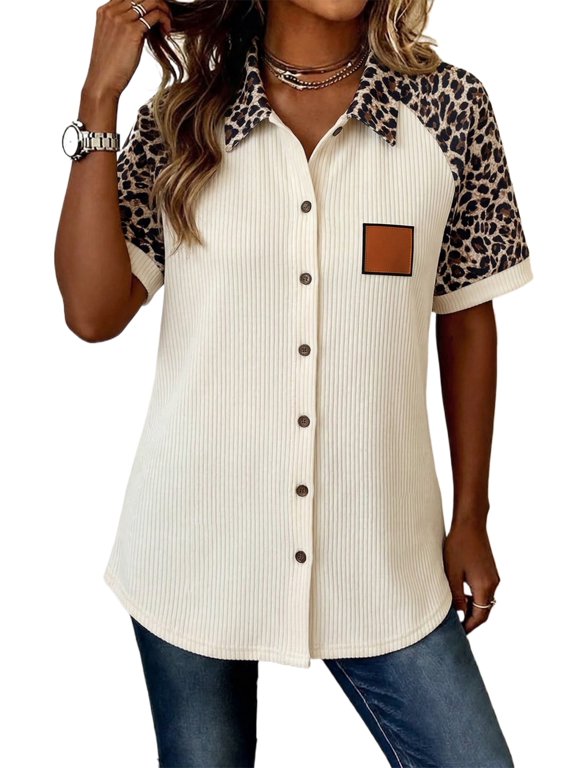Stylish Leopard Print Colorblock Blouse – Ribbed Button Down Shirt for Women, M
