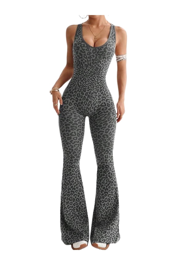 Stylish Leopard Print Sleeveless Jumpsuit for Women - Perfect for Casual and Evening Wear Black & Gray L