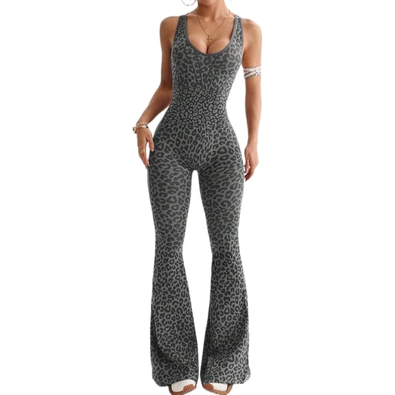 Stylish Leopard Print Sleeveless Jumpsuit for Women - Perfect for Casual and Evening Wear Black & Gray S