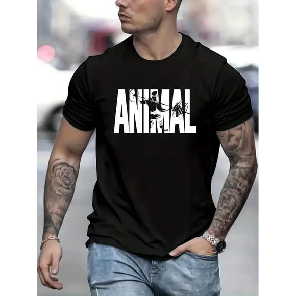 Stylish Letter "ANIMAL" Pattern Print Men's Comfy T-shirt, Graphic Men's Summer Outdoor Clothes