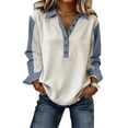 thumbnail image 1 of Stylish Light Grey Denim Patchwork Top with Buttoned Polo Collar – Perfect for Autumn Days, L, 1 of 11