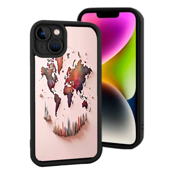 Stylish Lightweight iPhone 15 Case - Colorful World Map Design with Gradient Background & Abstract Cityscape - Yellowing Resistant