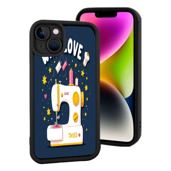 Stylish Lightweight iPhone 15 Case with Colorful Sewing Machine Design Pink Stars & ' LOVE ' Text - Perfect for Craft Lovers