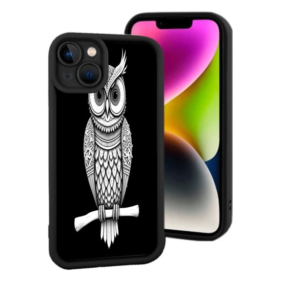 Stylish Lightweight iPhone 15 Case with Intricate Black - White Owl Design Detailed Patterns and Expressive Eyes