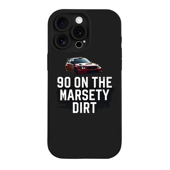 Stylish Lightweight iPhone 15 Pro Case - Yellowing Resistant with Sporty Red Car Design & " 90 ON THE MARSETY DIRT " Text