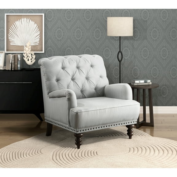 Stylish Living Room Chair Model, Gray And White Fabric, Button Back, Nailhead Trim, Solid Wood Base Luxury Sample, Cushions, Frame