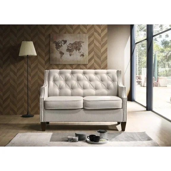 Stylish Living Room Upholstered Loveseat with Tufted Back, Contour Arm Design Nailhead Accent Sofa Couch, Beige