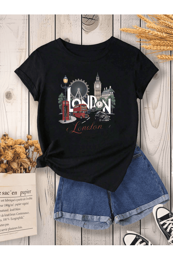 Stylish London Cityscape Graphic Tee Shirt for Women, Classic UK Landmark Print, Comfortable Short Sleeve Crew Neck Top, Perfect Travel Souvenir and Vacation Wear