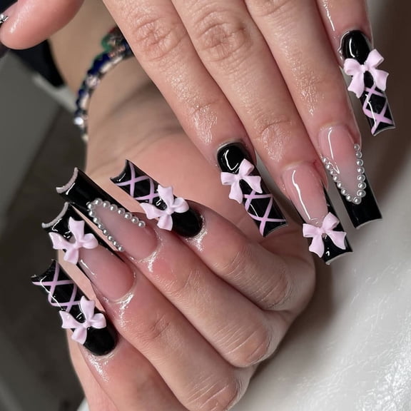 Stylish Long Coffin False Nails Black Glossy Finish with Bows Decors Fase Nails for Fashionable Women