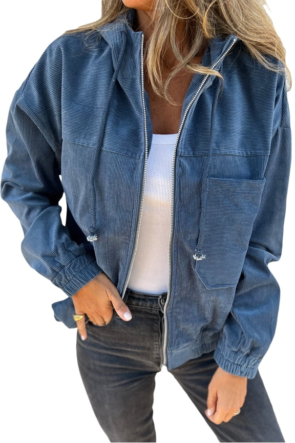Stylish Long Sleeve Corduroy Jacket: Real Teal with Drawstring Hood
