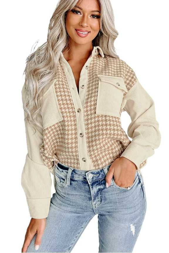 Stylish Long Sleeve Jacket: Parchment Houndstooth Patchwork Design