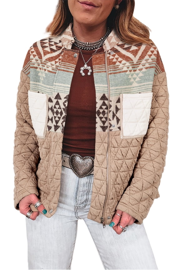 Stylish Long Sleeve Western Jacket with Geometric Patchwork Design - [ZhiHiMeRi] | M