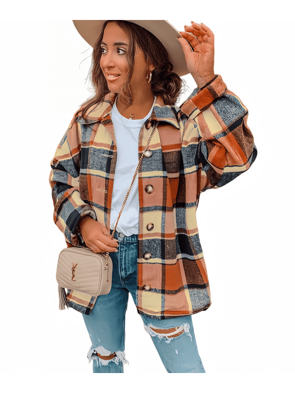 Women's Checked Cowl Neck Plaid Jacket - Long Sleeve Button Front Lightweight Jacket S-2XL