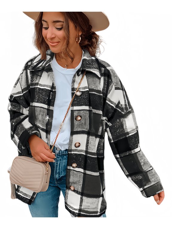 Women's Checked Cowl Neck Plaid Jacket - Long Sleeve Button Front Lightweight Jacket S-2XL