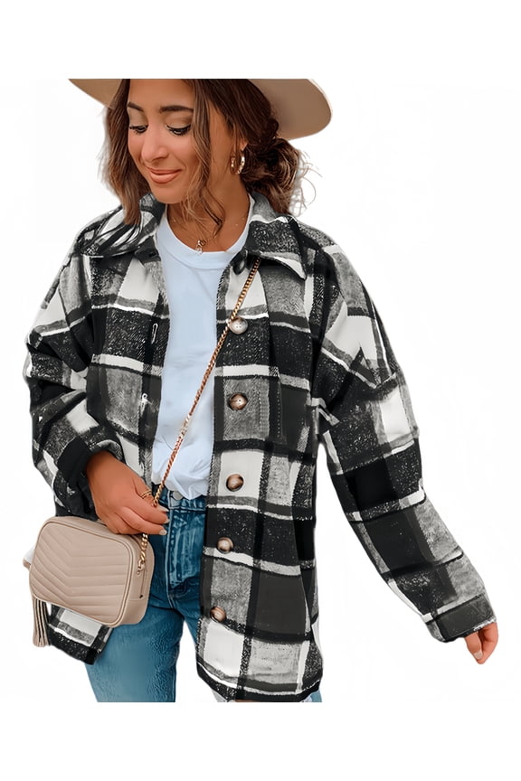 Women's Checked Cowl Neck Plaid Jacket - Long Sleeve Button Front Lightweight Jacket S-2XL