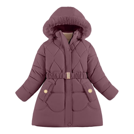 Stylish Long Waist Flattering Winter Coat For Girls With Warm Filling And Detachable Hood,Size:5-6 Years