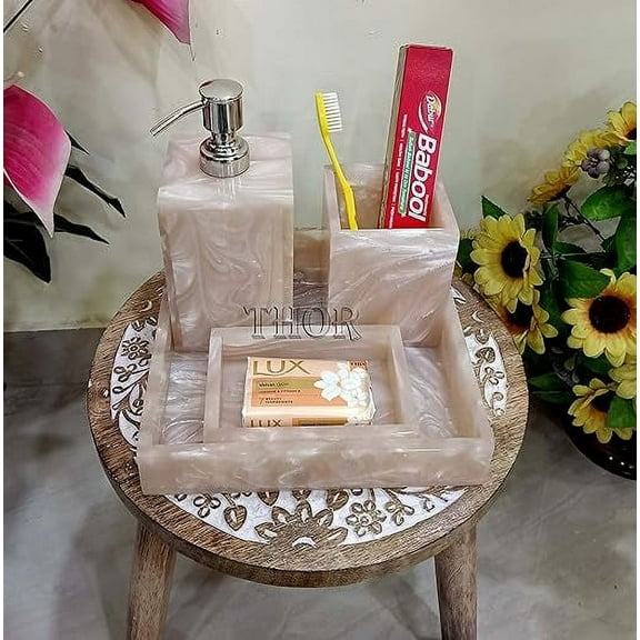 Stylish Luxury Bathroom Sets Stone - Bathroom Accessories Decor/Soap Dispenser, Tooth Brush Holder and Soap Dish and Towel Tray Set of 4 Rustic Vintage Home Decor Gifts