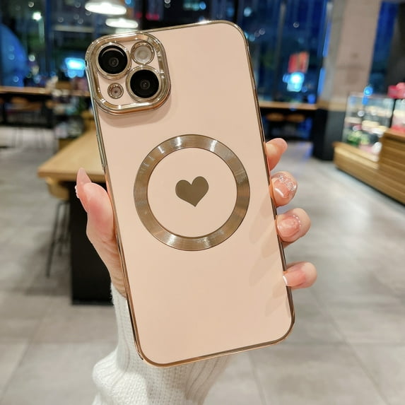 Stylish Magnetic Case for Apple iPhone 14 Plus Women Girls, Luxury Plating Cute Love Heart Soft Back Cover Full Camera Lens Protection MagSafe Phone Case iPhone 14 Plus - Pink