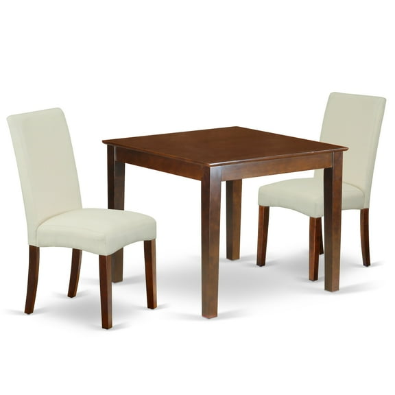 Stylish Mahogany Finish Dining Set - 3Pc Square Table and 2 Chairs - Solid Wood Construction - Elegant High Back Chairs - Budget-Friendly - 36 x 36" Table - Cream Linen Fabric"