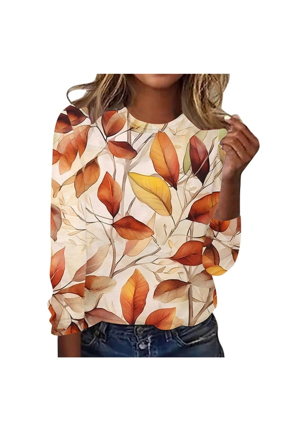 Stylish Maple Leaf Print Long Sleeve T-Shirts for Women Loose Crewneck Pullover Tunic Blouse Going Out Casual Graphic Tee Tops