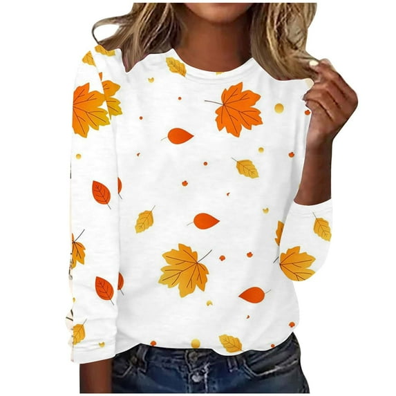 Stylish Maple Leaf Print Long Sleeve T-Shirts for Women Loose Crewneck Pullover Tunic Blouse Going Out Casual Graphic Tee Tops