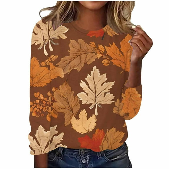 Stylish Maple Leaf Print Long Sleeve T-Shirts for Women Loose Crewneck Pullover Tunic Blouse Going Out Casual Graphic Tee Tops