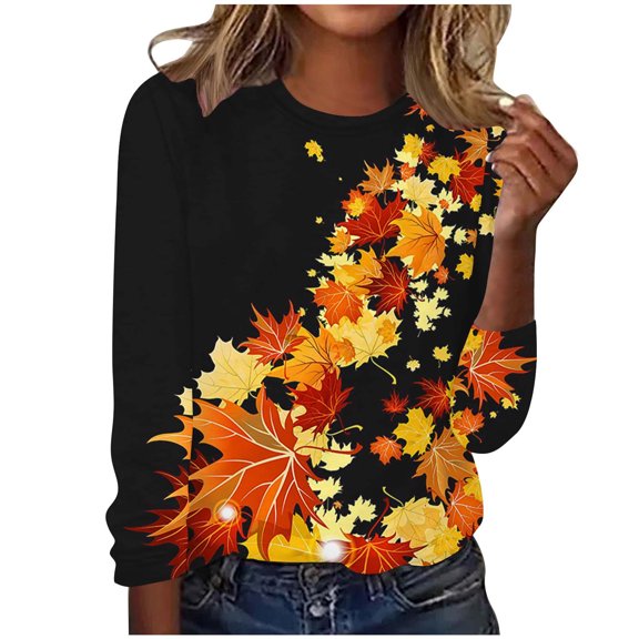 Stylish Maple Leaf Print Long Sleeve T-Shirts for Women Loose Crewneck Pullover Tunic Blouse Going Out Casual Graphic Tee Tops