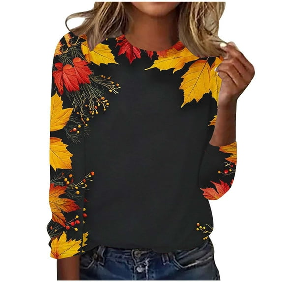 Stylish Maple Leaf Print Long Sleeve T-Shirts for Women Loose Crewneck Pullover Tunic Blouse Going Out Casual Graphic Tee Tops