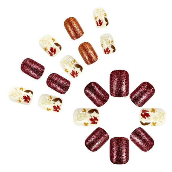 Stylish Maple Leaves Thanksgiving Short Square Autumn Stick on Nails Manicure for Fall and Winter 24Pcs