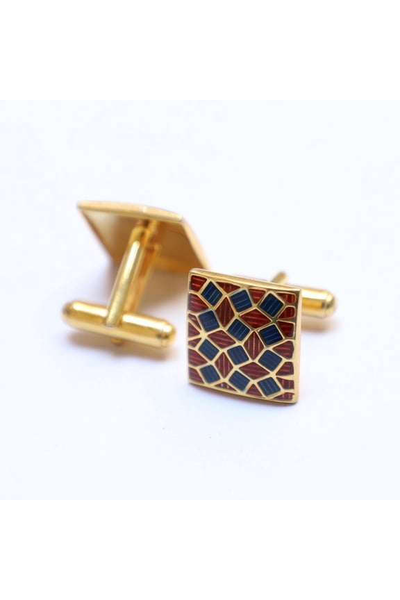 Stylish Maroon & Blue Enamel Mosaic Pattern Square Sterling Silver Cufflinks - Handcrafted Luxury Mens Jewelry