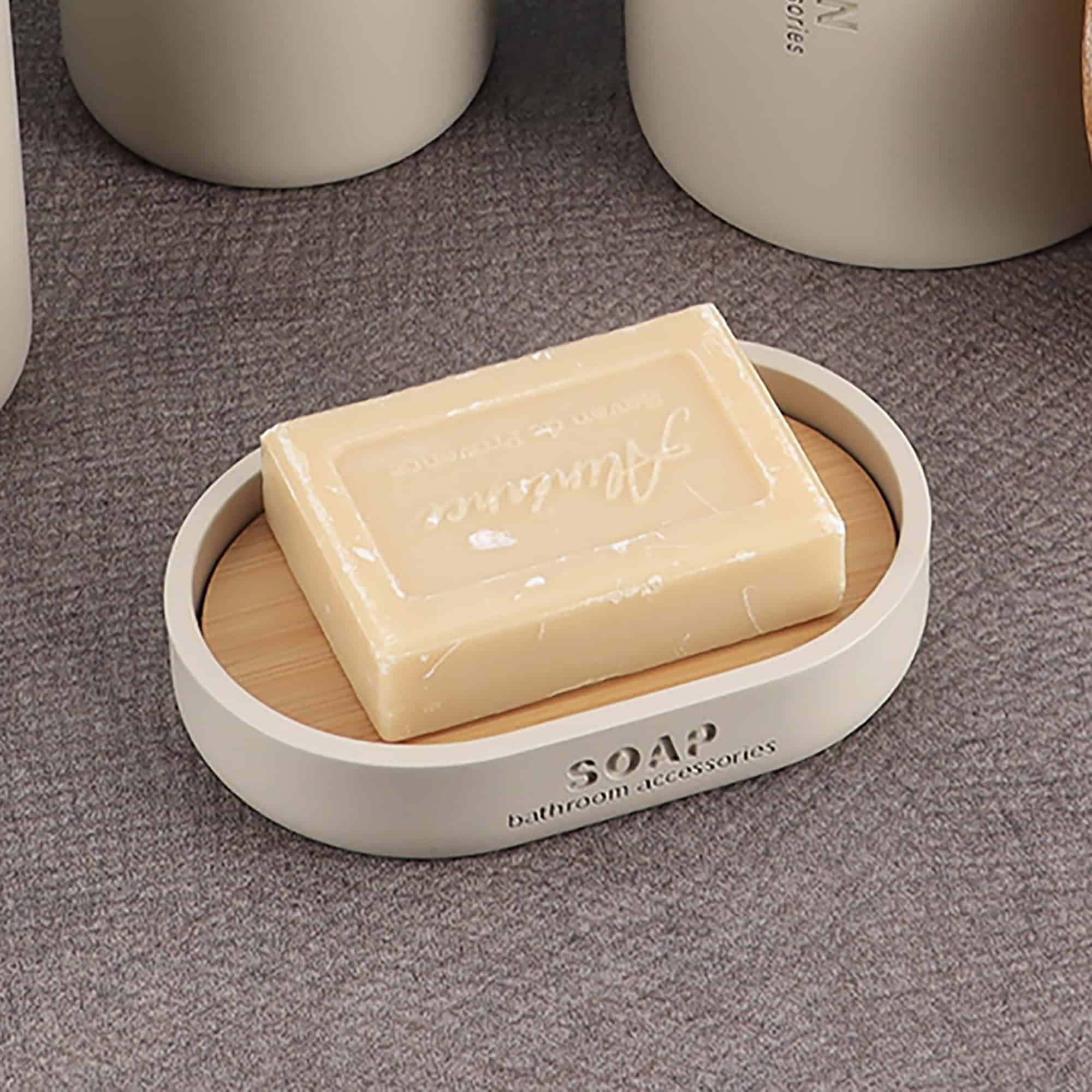 Beige Polyresin Soap Dish with Natural Bamboo Base