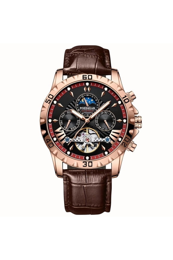 Stylish Men'S Automatic Mechanical Watch With Luminous Dial - Includes Date & Stopwatch Features, Leather Strap