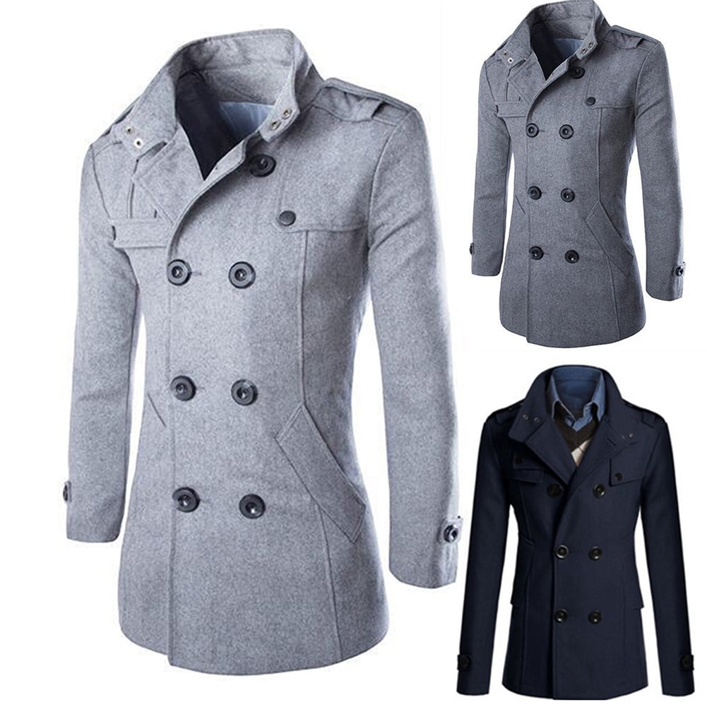 Stylish Men Winter Stand Collar Long Sleeve Double-breasted Woolen