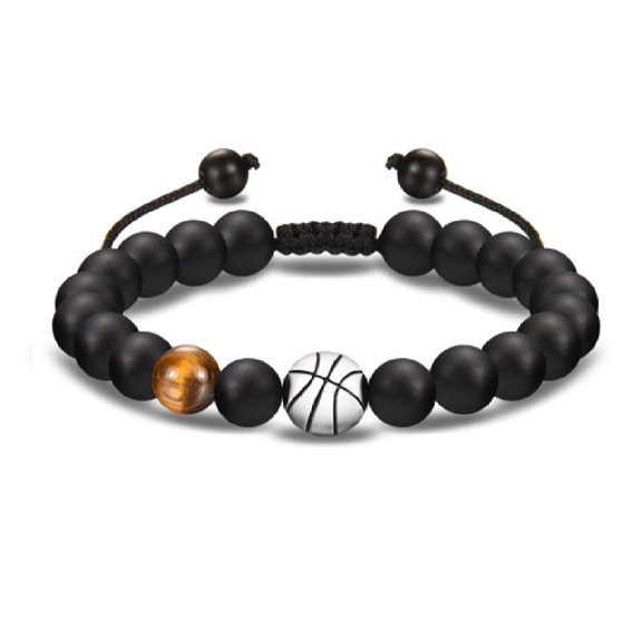 Stylish Men's Braided Bracelet with Natural Stones and Sports Accents (Soccer, Basketball, Baseball)