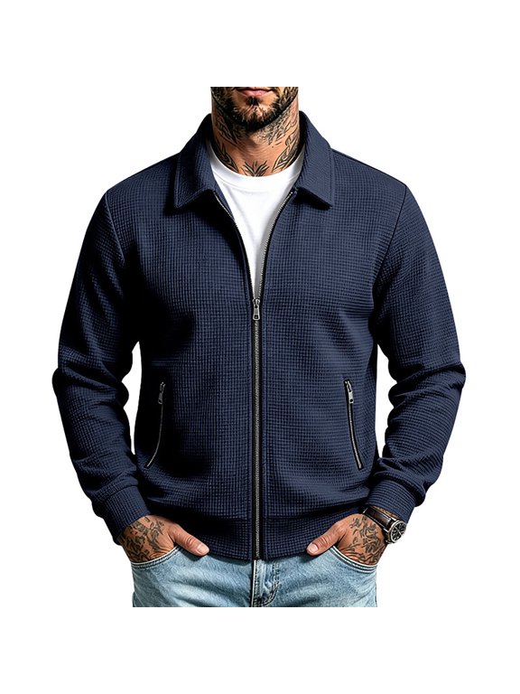 Stylish Men's Casual Jacket with Zipper Pocket Flip Design Slim Fit Cardigan for Autumn Youth Outdoor Daily Wear Comfortable(Blue,S)