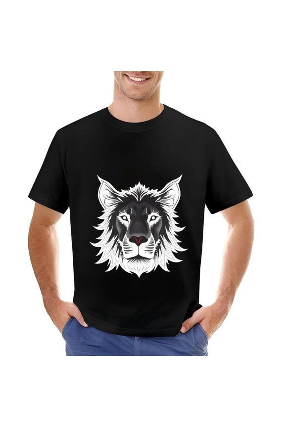 Stylish Men's Cotton Short Sleeve T-Shirt with Bold Lion Face Graphic - Eyes & Red Nose Design