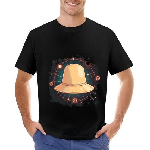 Stylish Men's Cotton Short Sleeve T-Shirt with Futuristic Orange - Brown Hat Illustration and Circular Pattern Design