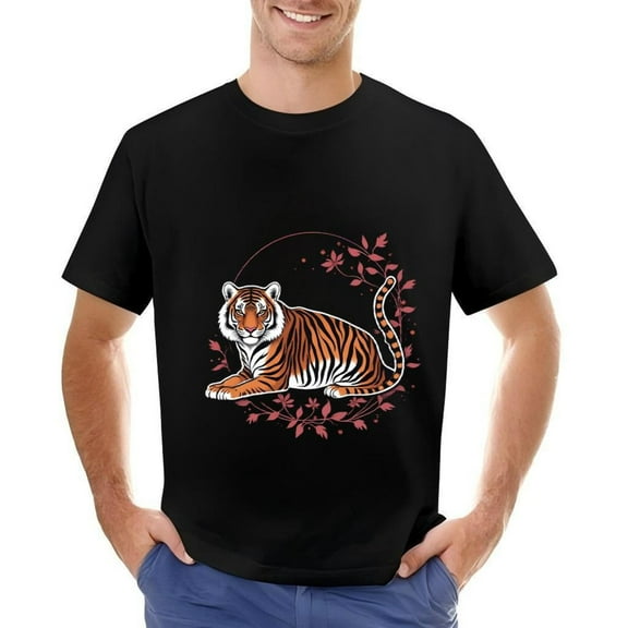 Stylish Men's Cotton Short Sleeve T-Shirt with Vibrant Tiger Design Orange & Black Stripes Surrounded by Red Leaves & Pink Circular Pattern