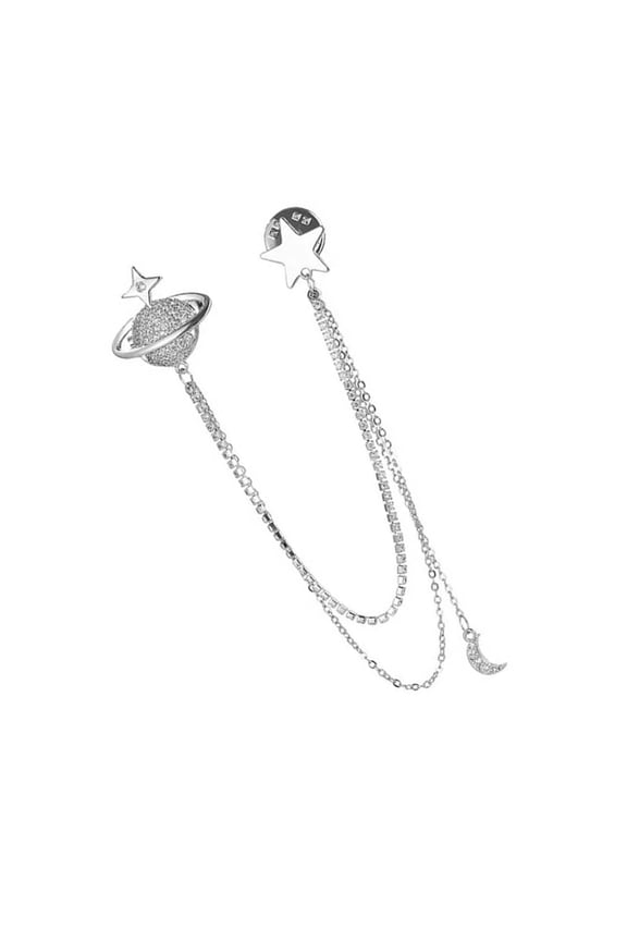 Stylish Men's Crystal Planet Lapel Pin with Rhinestones and Chain for Suits Creative Chain Brooch Accessory
