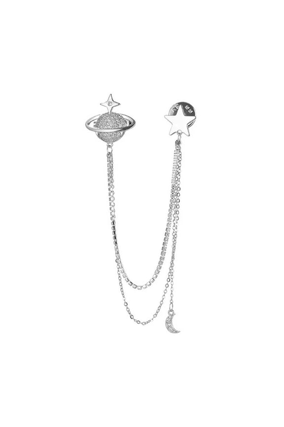 Stylish Men's Crystal Planet Lapel Pin with Rhinestones and Hanging Chain for Suits Creative Chain Brooch Accessory