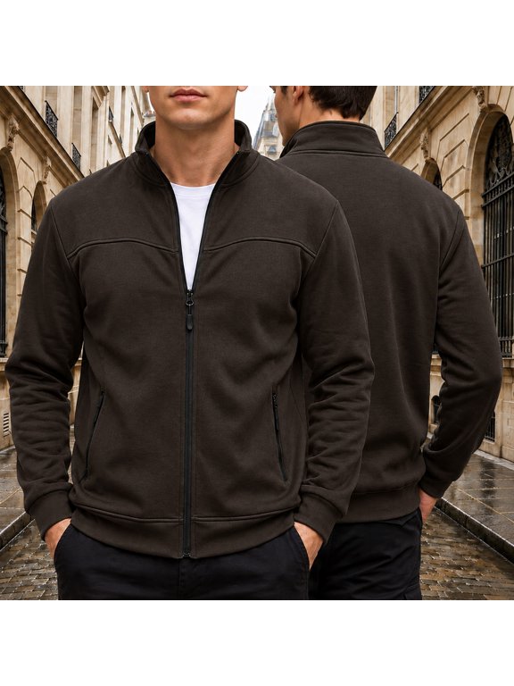 Stylish Men's Fall Winter Stand Collar Casual Jacket with Zipper Side Pockets Outdoor Long Sleeve Cardigan for Everyday Wear(Brown,S)