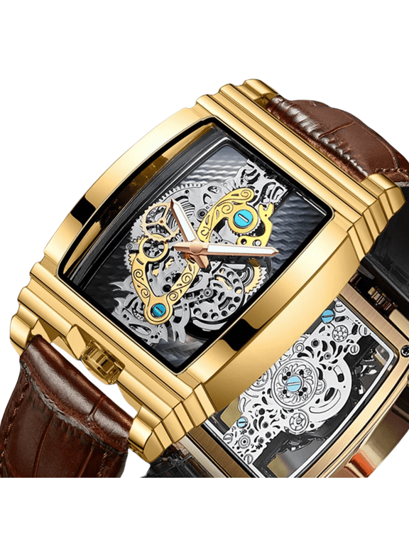 Stylish Men's Luxury Watch - Retro Skeleton Design, Rectangle Tonneau Dial, Leather Belt, Quartz Movement